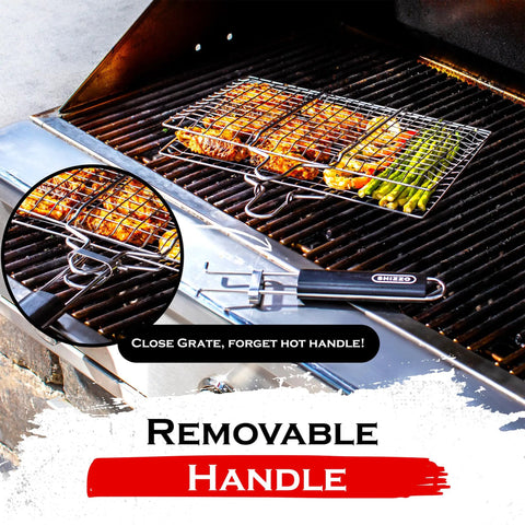 Shallow Grill Basket Set For Outdoor Grilling Stainless Steel Folding Portable BBQ Rack with skewers on grill