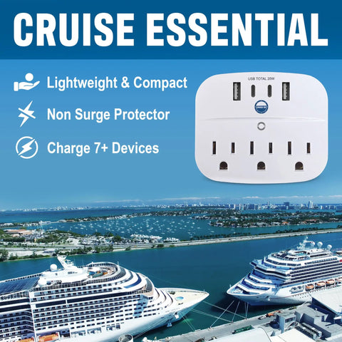 Non Surge Cruise Power Strip With Two USB C Ports, Two USB A Ports, And Three AC Outlets, Cruise Ship Compliant For Carnival
