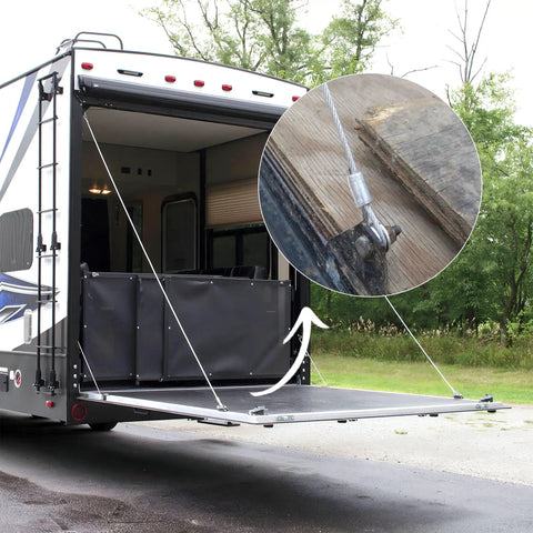 Two Pack 150 Inch Heavy Duty Galvanized Steel Ramp Door Cable Kit For Enclosed Cargo Trailers in use on a 12.5 ft door