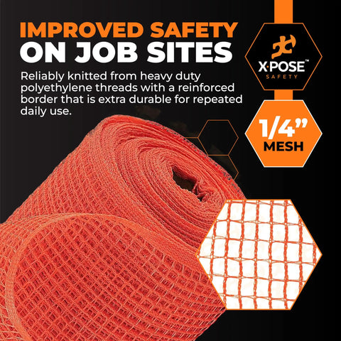 Debris Defense Netting For Construction Sites Heavy Duty 5.5 Ft By 150 Ft Scaffold Safety Net One Quarter Inch Mesh Temporary Roll High Visibility Orange Fire Retardant Protects Workers Pedestrians, close-up detail with mesh and roll shown.
