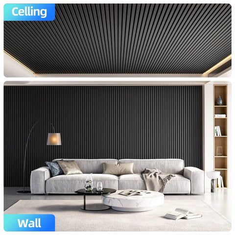 4 Pack High Density Acoustic Foam Panels Super Thick Sound Proof Wall Tiles on a wall and ceiling in a modern living room.