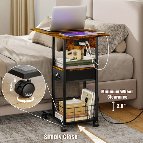 C Shaped Side Table With Charging Station And Wheels For Bedroom Living Room And Home Office Type C USB Ports And Two AC Outlets