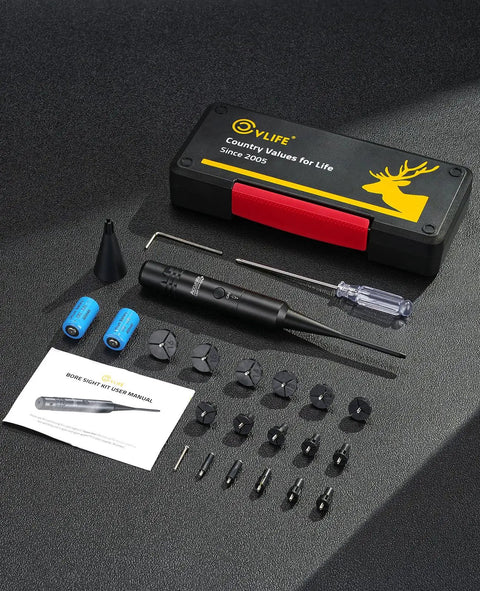 Pro Grade Red Laser Bore Sight Kit With 16 Caliber Adapters, case, batteries, and accessories displayed on black background.