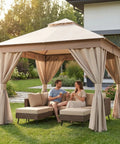 8x8 Ft Outdoor Gazebo With Metal Frame And Double Roof Canopy Mosquito Netting And Privacy Screen Installed in Backyard