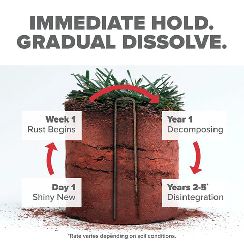 Dissolving Garden Landscape Staples 6 Inch Pins For Weed Barrier Fabric Stakes 11 Gauge Steel 200 Pack Made In USA Non Galvanized Rusting For Extra Hold shown with decomposition stages.