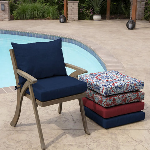 Outdoor Dining Chair Cushion Set 21 By 21 Inches In Sapphire Blue Rainproof And Fade Resistant Includes One Back Pillow And One Seat Bottom Eco Friendly PFAS Free C0 Treatment With Recycled Polyfill And Polyester Fill Fits Most Chairs on chair by poolside