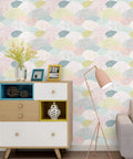 Living room with colorful patterned wall featuring Peel And Stick Wallpaper Dot And Line Boho Pink Vinyl Roll 15.5 Inch By 78.7 Inch Self Adhesive Removable Wall Covering For Bedroom Living Room Study And Creative Decor Easy Install.