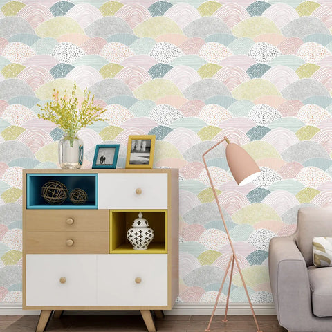 Living room with colorful patterned wall featuring Peel And Stick Wallpaper Dot And Line Boho Pink Vinyl Roll 15.5 Inch By 78.7 Inch Self Adhesive Removable Wall Covering For Bedroom Living Room Study And Creative Decor Easy Install.