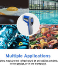 Non Contact Infrared Thermometer With Dual Laser For Objects, Adjustable Emissivity, 12 To 1 Distance To Spot, Measures -50C To 550C (58F To 1022F), Standard Size, Blue And Gray, Not For Human Use, Quick Read For Home DIY Or Shop, blue-gray handheld IR thermometer over grill, pool, engine, and surface images