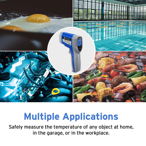 Non Contact Infrared Thermometer With Dual Laser For Objects, Adjustable Emissivity, 12 To 1 Distance To Spot, Measures -50C To 550C (58F To 1022F), Standard Size, Blue And Gray, Not For Human Use, Quick Read For Home DIY Or Shop, blue-gray handheld IR thermometer over grill, pool, engine, and surface images