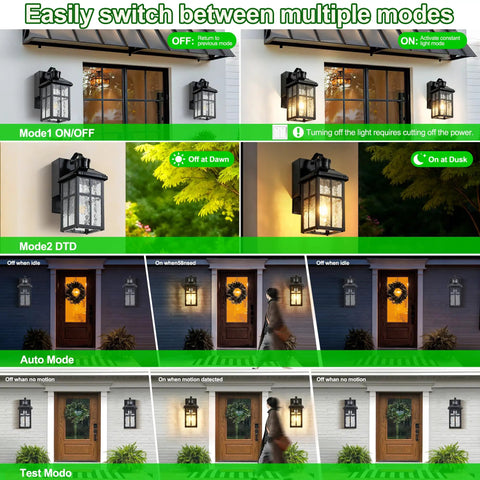 Outdoor Wall Light With GFCI Outlet And Remote Plug In Porch Patio Entryway Lighting illustrating various modes.