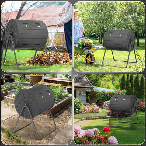 High Capacity Rolling Compost Tumbler 142L Thirty Seven And A Half Gallon Single Chamber Durable Weatherproof Polypropylene in garden