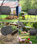Leakproof 37.5 Gallon Compost Tumbler With Odorless Aeration, Resin Bin for gardens, shown in various backyard settings