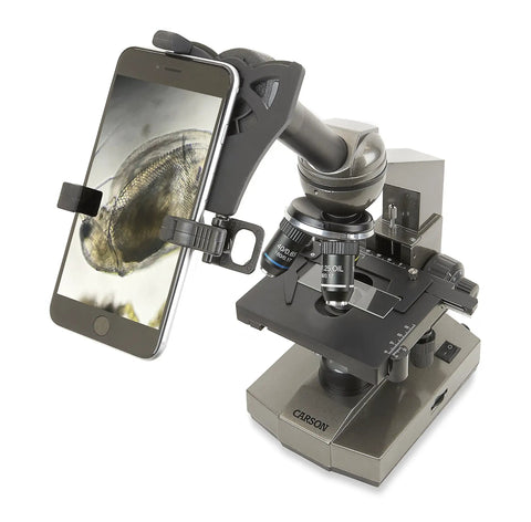 Starter Grade 100x To 1000x Compound Microscope For Students with phone attached, showing digiscoping functionality