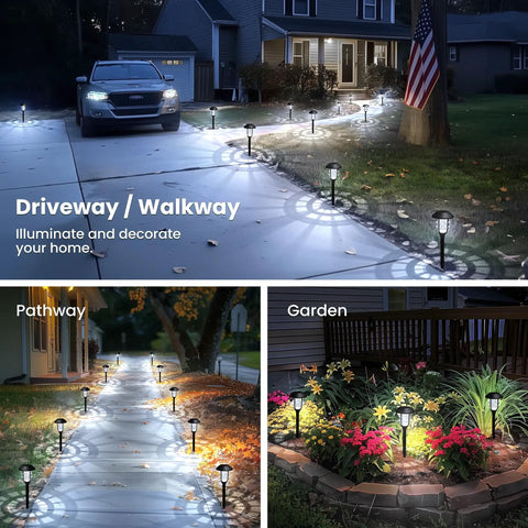 Outdoor Solar Pathway Lights 8 Pack Waterproof Landscape Lighting For Yard And Garden Cold White With Double Ring Snowflake Pattern Creates Cozy Evening Glow illuminating driveway, walkway, and garden.