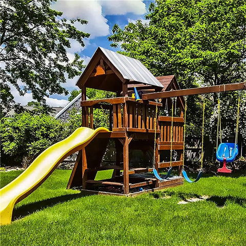 Wooden playset with slide featuring All Season Protection 43 By 90 Inches Swing Set Canopy Replacement Tarp for backyard playsets.