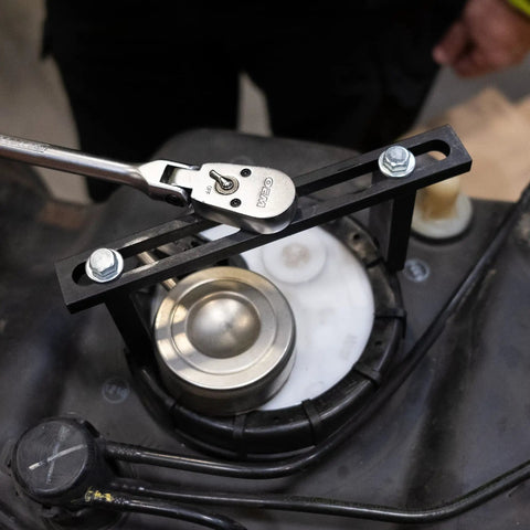 Fuel Pump Module Spanner Wrench With Adjustable Double Contact Grip for gas tank ring installation in progress
