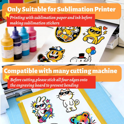 60 Sheets Sublimation Sticker Paper 8.5x11 Glossy Transparent Waterproof Vinyl for Inkjet Printers and Heat Press, shown during printing.