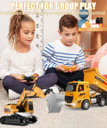 Children playing with RC Construction Vehicle Set With Excavator And Dump Truck Includes Barricades Road Signs Simulated Rocks Lights And Sounds Kid Tested Dual Remote Controls A Fun Birthday Gift For Kids Ages 3 Through 12 Boys And Girls indoors