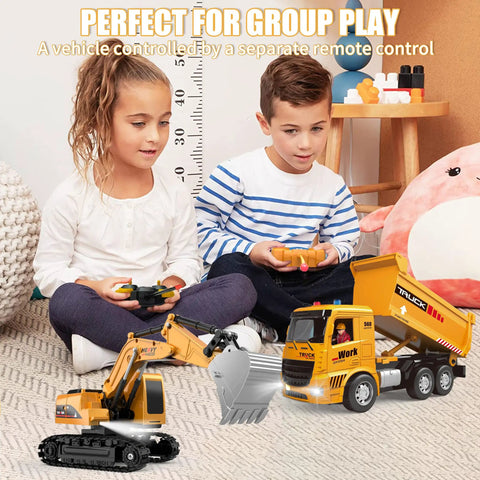 Children playing with RC Construction Vehicle Set With Excavator And Dump Truck Includes Barricades Road Signs Simulated Rocks Lights And Sounds Kid Tested Dual Remote Controls A Fun Birthday Gift For Kids Ages 3 Through 12 Boys And Girls indoors