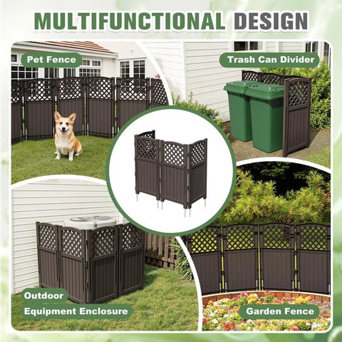 Outdoor Privacy Screen For Trash Cans And AC Units, 4 Panel Enclosure In Brown, Weather Resistant Fence Multifunctional Uses