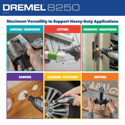 Dremel 8250-5 cordless rotary tool display with six panels for carving, cutting, grinding, sanding, polishing, routing
