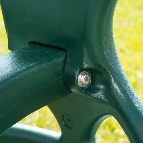 Close-up of Two-Seat Dual Glider Swing With Coated Chains To Prevent Pinching, heavy duty frame detail, backyard use, green color
