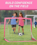 Team Tone 4 Feet By 3 Feet Pop Up Soccer Goals For Kids Set Of 2 Portable Backyard Nets With 6 Stakes Pink shown with children playing