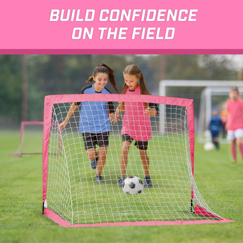 Team Tone 4 Feet By 3 Feet Pop Up Soccer Goals For Kids Set Of 2 Portable Backyard Nets With 6 Stakes Pink shown with children playing
