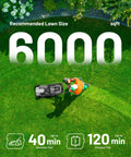 Cordless 14 Inch Lawn Mower With Brushless Motor Dual 5.0Ah Batteries 5 Position Height Adjustment 9 Gallon Grass Catcher Easy Push Mower For Small To Mid Size Yards No Gas Or Cords, shown mowing 6000 sqft