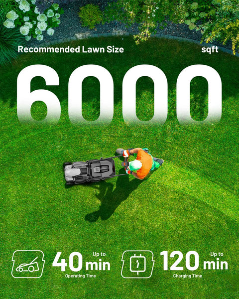 Cordless 14 Inch Lawn Mower With Brushless Motor Dual 5.0Ah Batteries 5 Position Height Adjustment 9 Gallon Grass Catcher Easy Push Mower For Small To Mid Size Yards No Gas Or Cords, shown mowing 6000 sqft