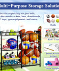 All In One Sports Gear Organizer Cart With Elastic Straps And Removable Basket For Garage Organization, Ball Storage Rack For Basketballs Soccer Balls And More, Hooks For Toy Gear Storage, Black shown outdoors with sports equipment.