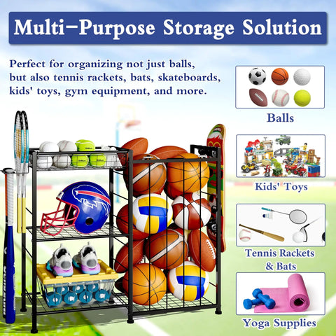 All In One Sports Gear Organizer Cart With Elastic Straps And Removable Basket For Garage Organization, Ball Storage Rack For Basketballs Soccer Balls And More, Hooks For Toy Gear Storage, Black shown outdoors with sports equipment.