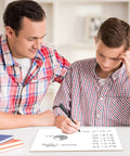 Father assisting son with Dry Erase XY Axis Graph Lap Boards 9 By 12 Inches For Student And Classroom Use Double Sided Whiteboards