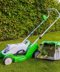 Green lawn mower on grass with collected clippings, use with Classic Wrapped Rubber V Belt 3L370, 37 Inch Outside Circumference