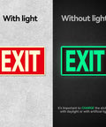 Two Pack Glow In The Dark Aluminum Exit Signs 12x7 Inches Photoluminescent Laminated For UV Weather And Fade Resistance Built Tough Easy To Spot Indoors And Outdoors For Office School Warehouse Business Fire Exit Sign, with light and without light