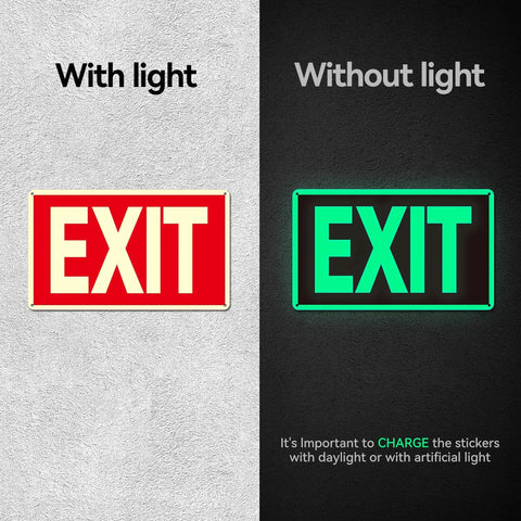 Two Pack Glow In The Dark Aluminum Exit Signs 12x7 Inches Photoluminescent Laminated For UV Weather And Fade Resistance Built Tough Easy To Spot Indoors And Outdoors For Office School Warehouse Business Fire Exit Sign, with light and without light