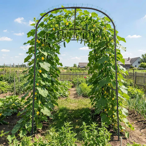 Outdoor Garden Arch Trellis For Climbing Plants, 83 Inch Tall Plant Support Arbor in a backyard with green vines and vegetables
