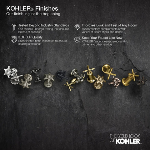 KOHLER diverse faucet finishes displayed on a dark surface, illustrating quality and style options for various décors.