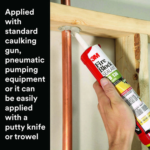 Applying Fire Block FB 136 Gray single-component cartridge sealant around copper pipe with caulking gun