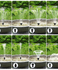 Collage of fountain spray patterns using Seven Point Five Watt Solar Water Pump For Ponds And Fountains With DIY Five Foot Tubing Dry Run Protected Outdoor Garden Pump