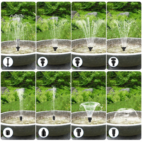 Collage of fountain spray patterns using Seven Point Five Watt Solar Water Pump For Ponds And Fountains With DIY Five Foot Tubing Dry Run Protected Outdoor Garden Pump