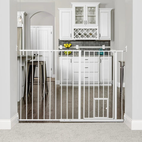 Extra Tall Expandable Dog Gate For Doorways And Bottom Of Stairs Fits 51 To 59 Inch Openings 38 Inch Tall White Metal Pet Gate