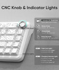 Next Level Tri Mode Wireless Mechanical Keyboard With Buttery Smooth Cnc Volume Knob showing CNC knob and indicator lights.