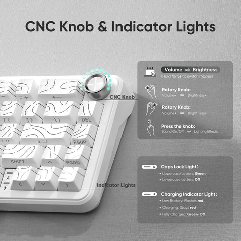 Next Level Tri Mode Wireless Mechanical Keyboard With Buttery Smooth Cnc Volume Knob showing CNC knob and indicator lights.