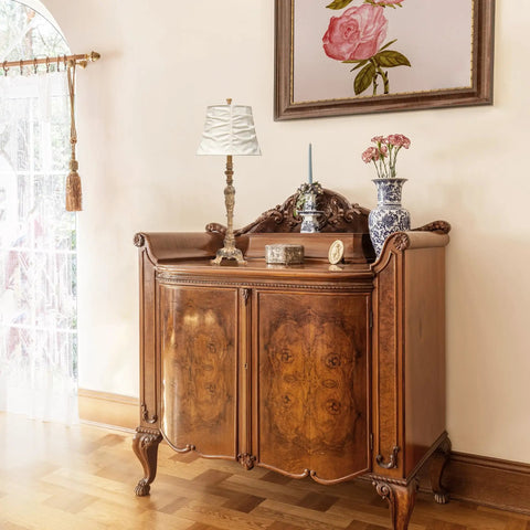 Antique Style Buffet Table Lamp With Cream Ruched Shade, Resin Base In Antique Cream Finish, 12x12x31 inches on wooden cabinet