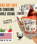 Natural Chicken De-wormer Chili Mix for Healthy Flocks and Happy Eggs, 1lb bag displayed with hens and farm scenery.