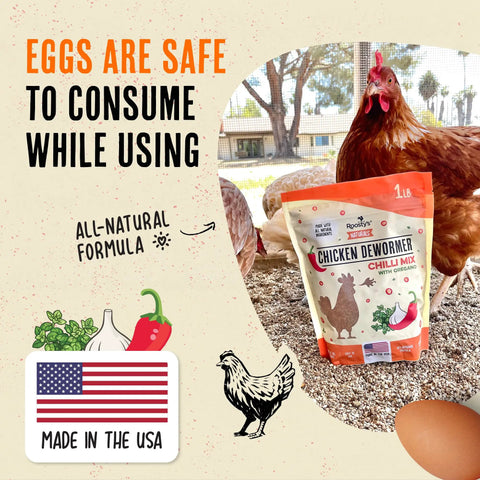 Natural Chicken De-wormer Chili Mix for Healthy Flocks and Happy Eggs, 1lb bag displayed with hens and farm scenery.
