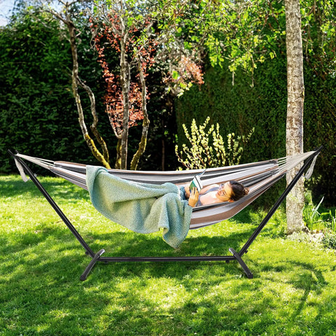 Heavy Duty Hammock Stand 450 Lbs Capacity, Adjustable Steel Frame For Indoor Outdoor Use, outdoor setup with hammock