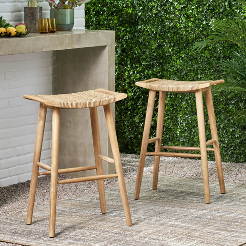 Magwen Outdoor Acacia Wood Barstool With Wicker Set Of Two Rustic Patio Seating For Deck Or Garden Weather Resistant Durable